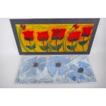 A pair of Greek fused glass decorative floral wall plaques, indistinctly signed, 75 x 33cm