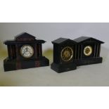 A Victorian slate mantel clock inset with marble panels and fitted with an Ansonia movement, another