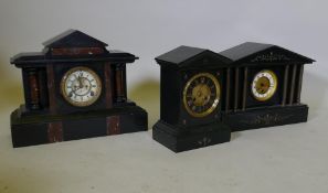 A Victorian slate mantel clock inset with marble panels and fitted with an Ansonia movement, another