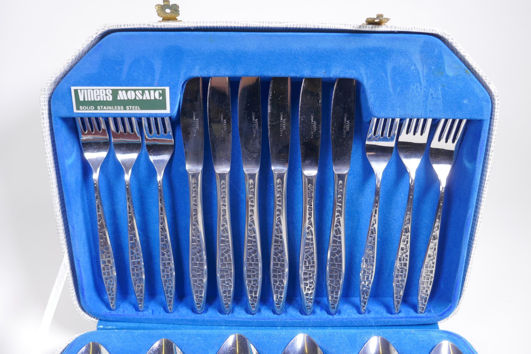 A 1960s/70s canteen of Viners Mosaic pattern stainless steel six place setting service, and a Cork - Image 4 of 5