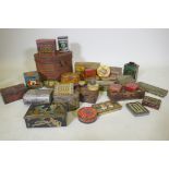 A quantity of vintage biscuit tins, Huntly & Plamer, McVities etc, and Victorian toleware hat box