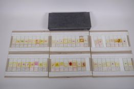 A collection of scientific microscope slides, all with annotations and labels, many dated 1947,