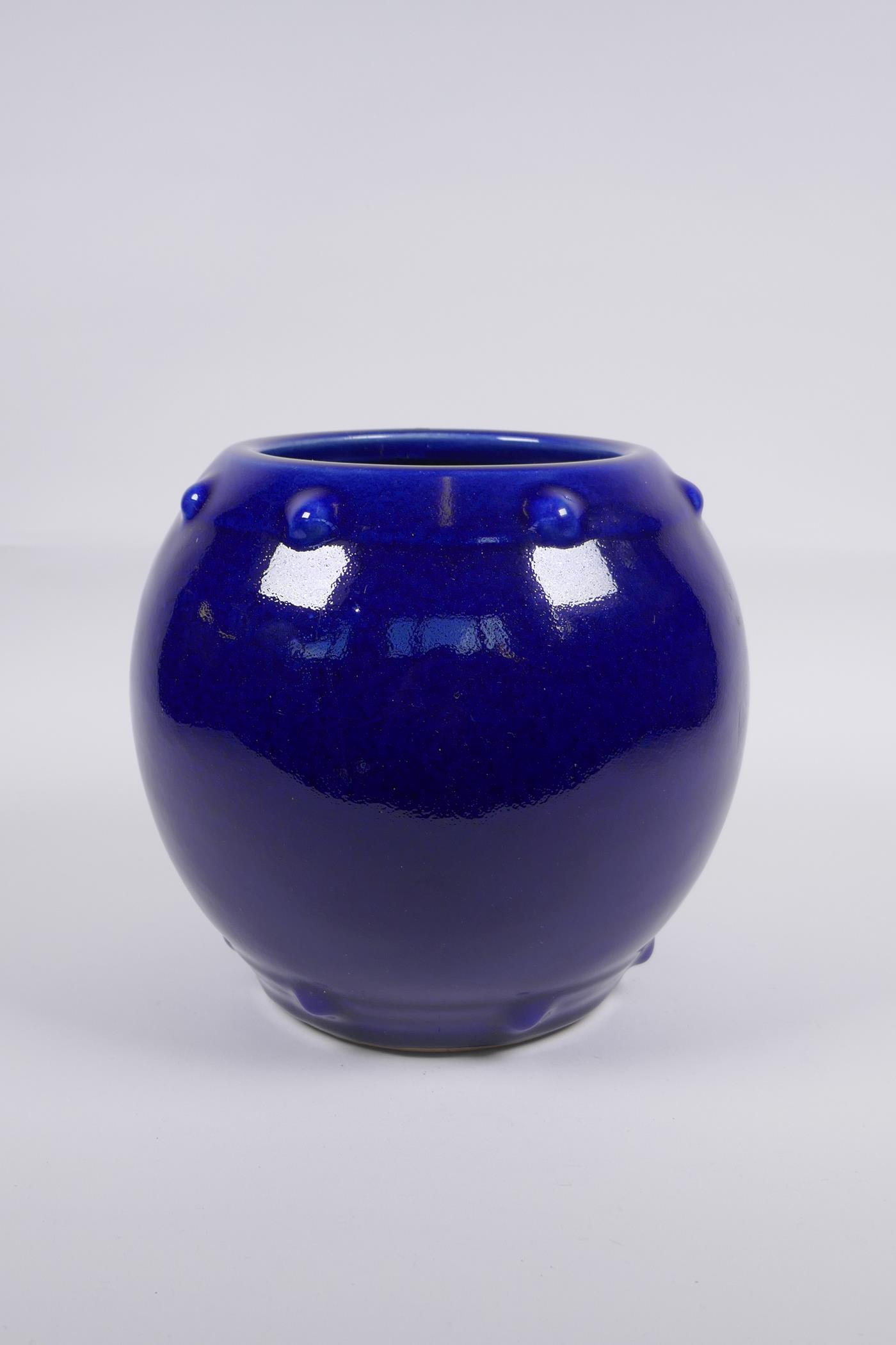 A Chinese blue glazed porcelain barrel shaped vase, KangXi 6 character mark to base, 19cm high, 22cm - Image 3 of 5