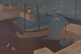 Modern British School, a harbour scene with beached boats, oil on board, 46 x 55cm