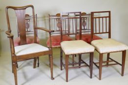 Three Victorian inlaid parlour chairs and a pair of C19th slat back side chairs