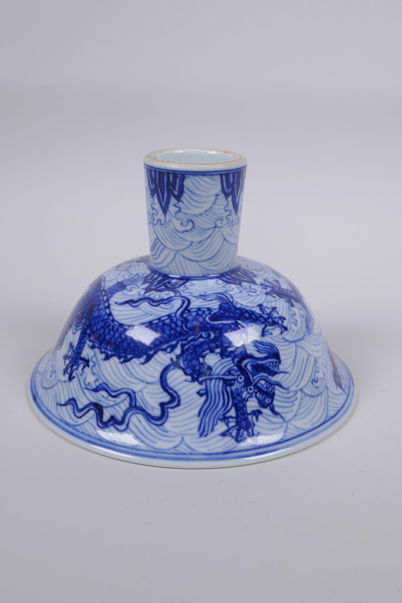 A blue and white porcelain stem bowl with dragon decoration, Chinese Xuande 6 character mark to - Image 3 of 7