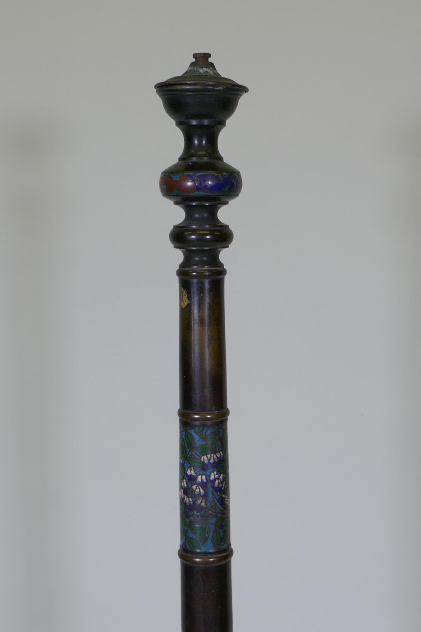 An oriental bronze and cloisonne floor lamp, 124cm high - Image 2 of 5