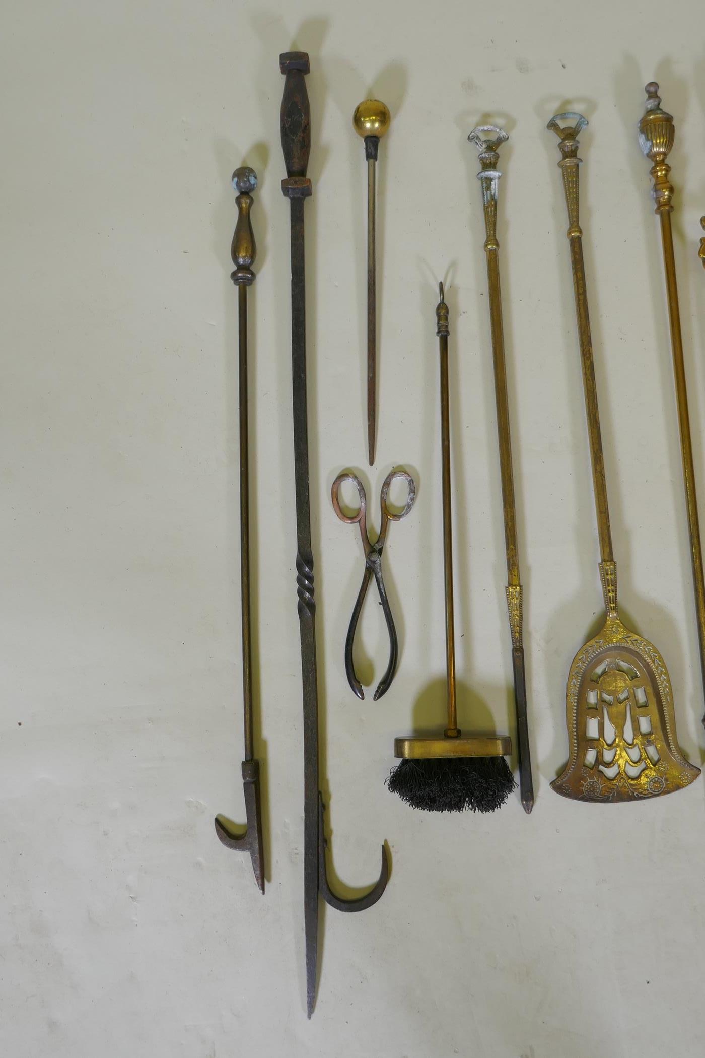 A set of three brass Empire style fire irons and a quantity of other fire irons including a - Image 4 of 4