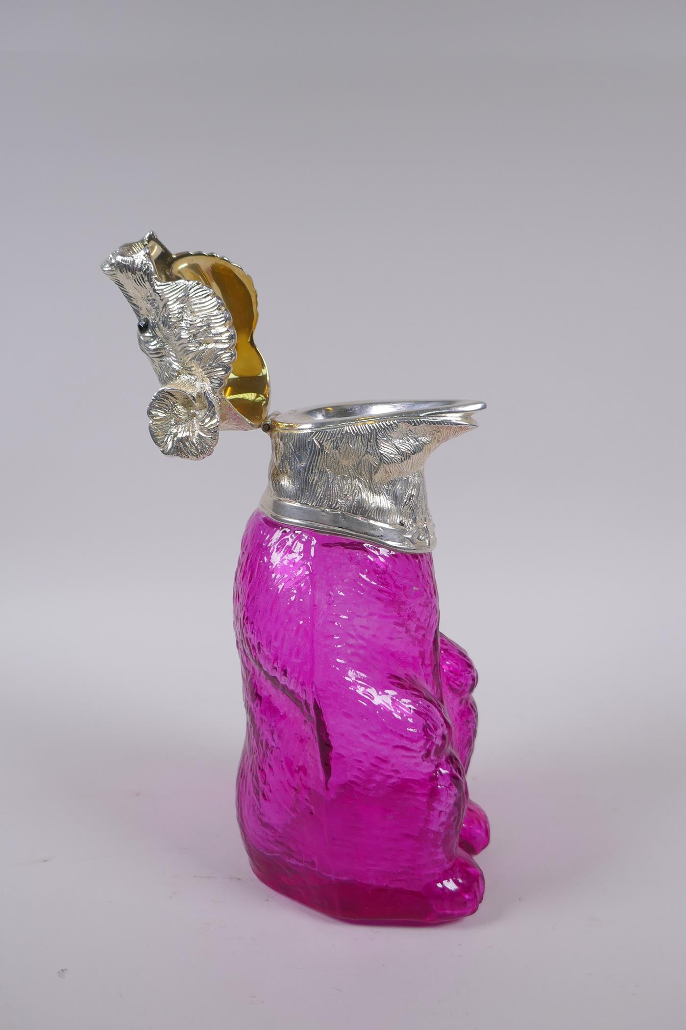 A silver plate and cranberry coloured glass bear decanter, 22cm high - Image 4 of 4