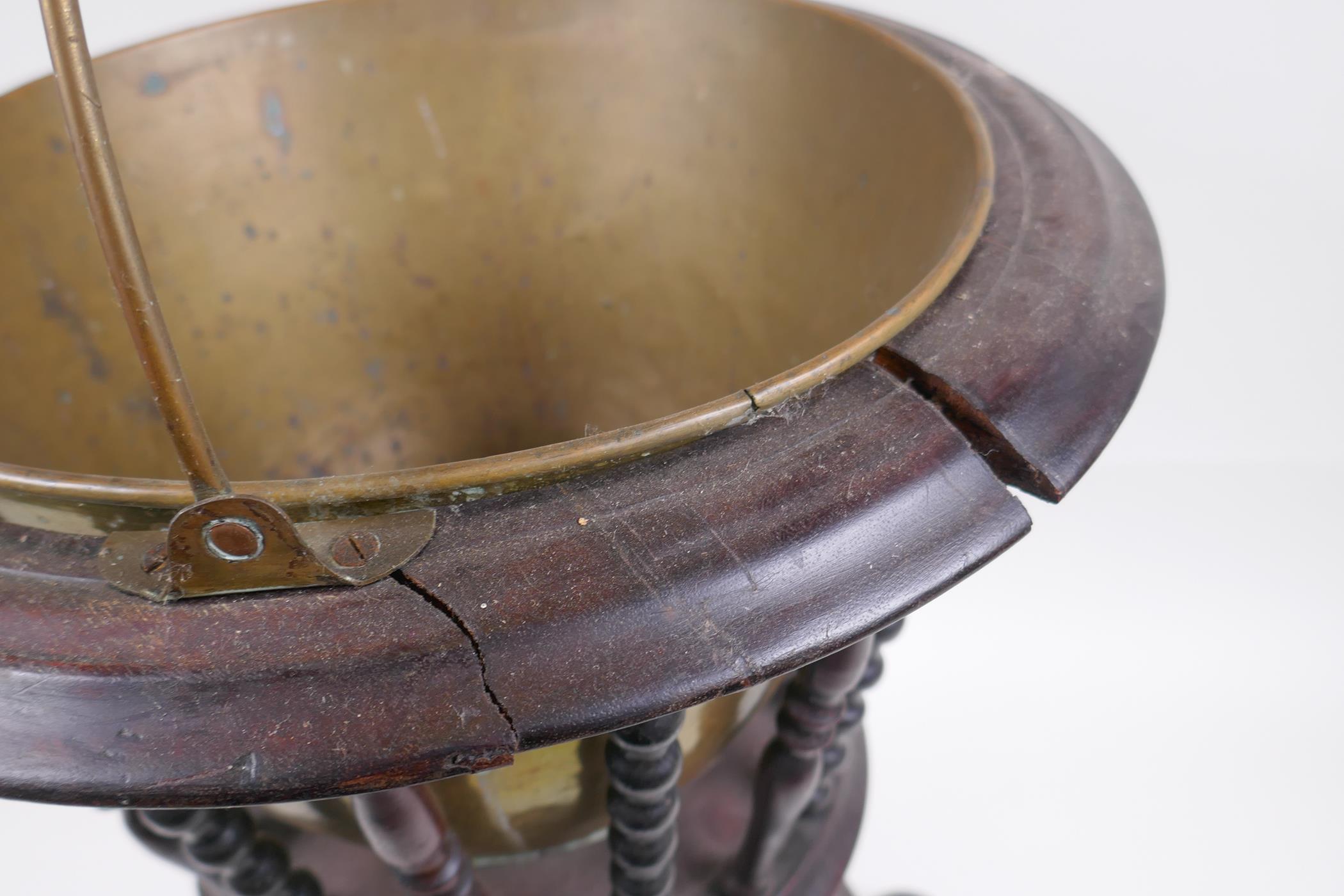 A Dutch wood and brass lined peat bucket with ring turned spindles, AF, 42cm high x 36cm diameter - Image 5 of 5