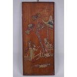 An antique Chinese hardwood panel with inlaid hardstone figural decoration, 20 x 46cm