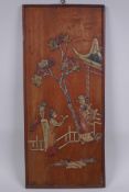 An antique Chinese hardwood panel with inlaid hardstone figural decoration, 20 x 46cm