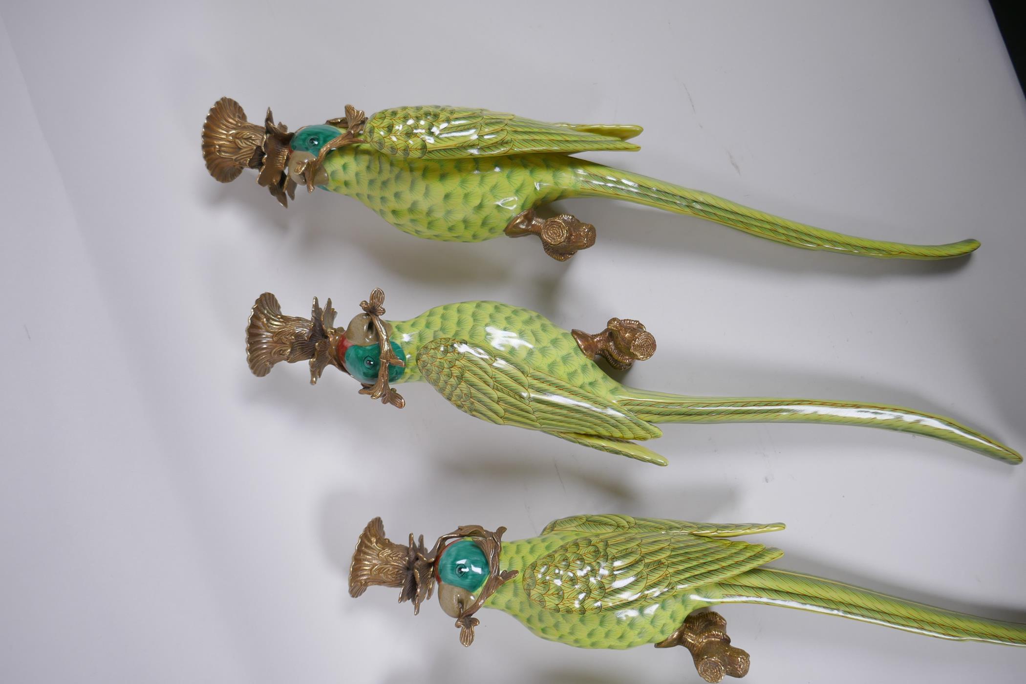 Two pairs of polychrome porcelain and gilt metal parrot sconces, 47cm long - Image 3 of 4