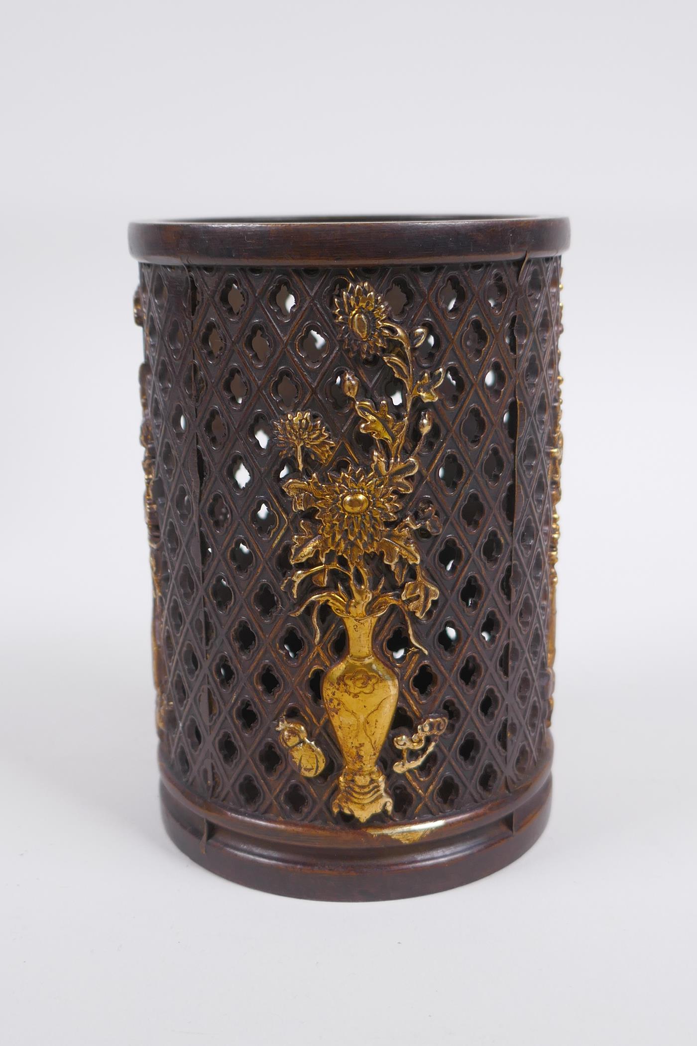 A Chinese pierced bronze brushpot decorated with flowers in vases highlighted with gilt, 12cm high x - Image 2 of 5