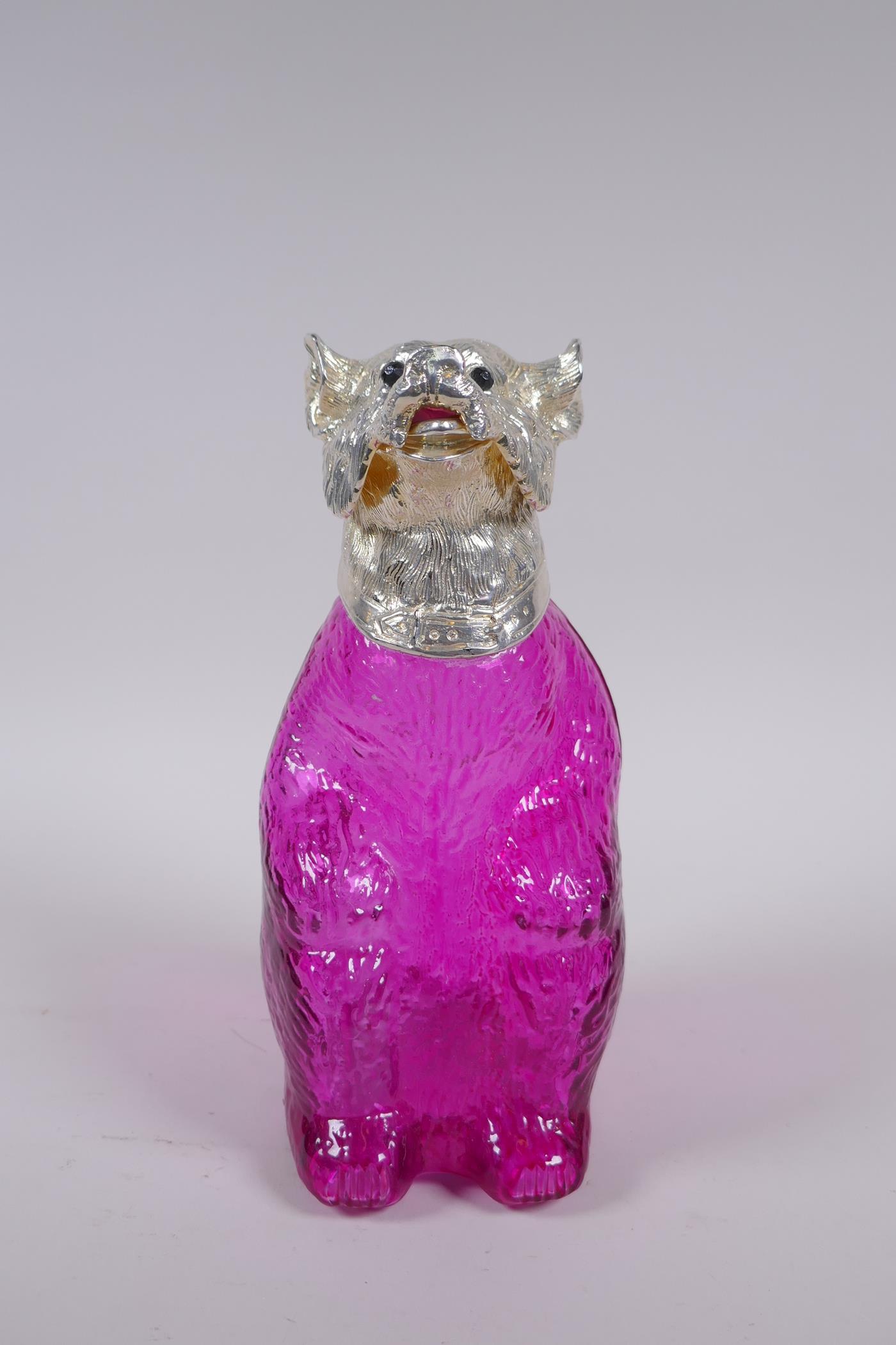 A silver plate and cranberry coloured glass bear decanter, 22cm high - Image 2 of 4