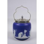 A late C19th/early C20th Wedgwood Jasperware and silver plated biscuit barrel, 17cm high, 14cm
