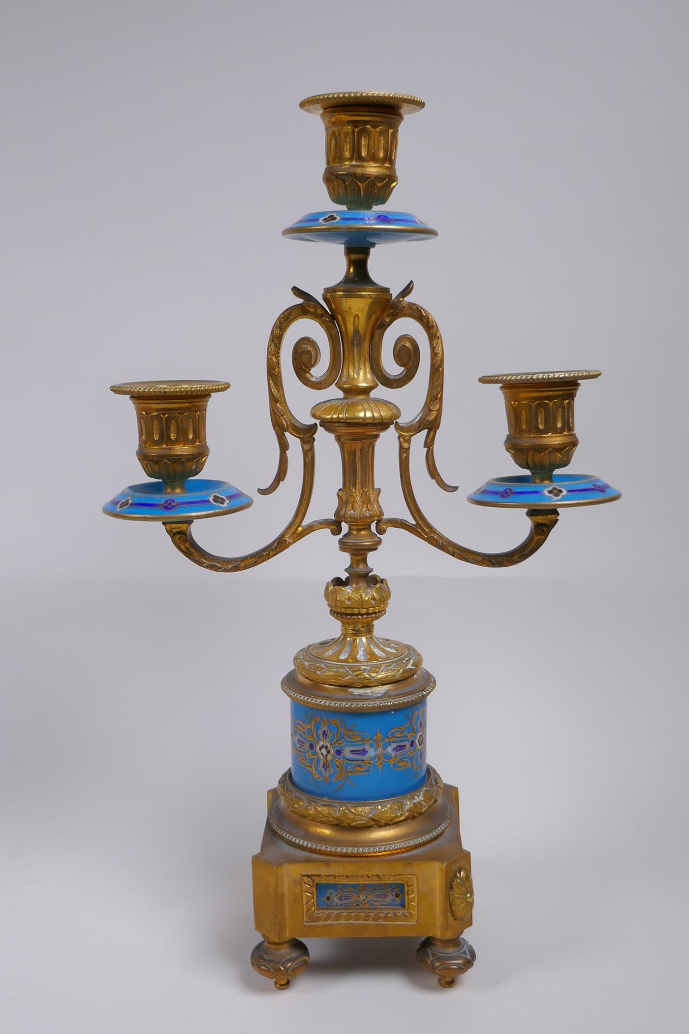 A late C19th/early C20th French ormolu and Sevres style porcelain clock garniture, the hand - Image 10 of 13