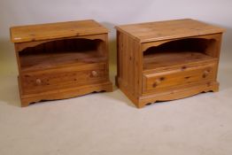 A pair of pine bedside chests with open shelf over single drawer, 71 x 46 x 50cm