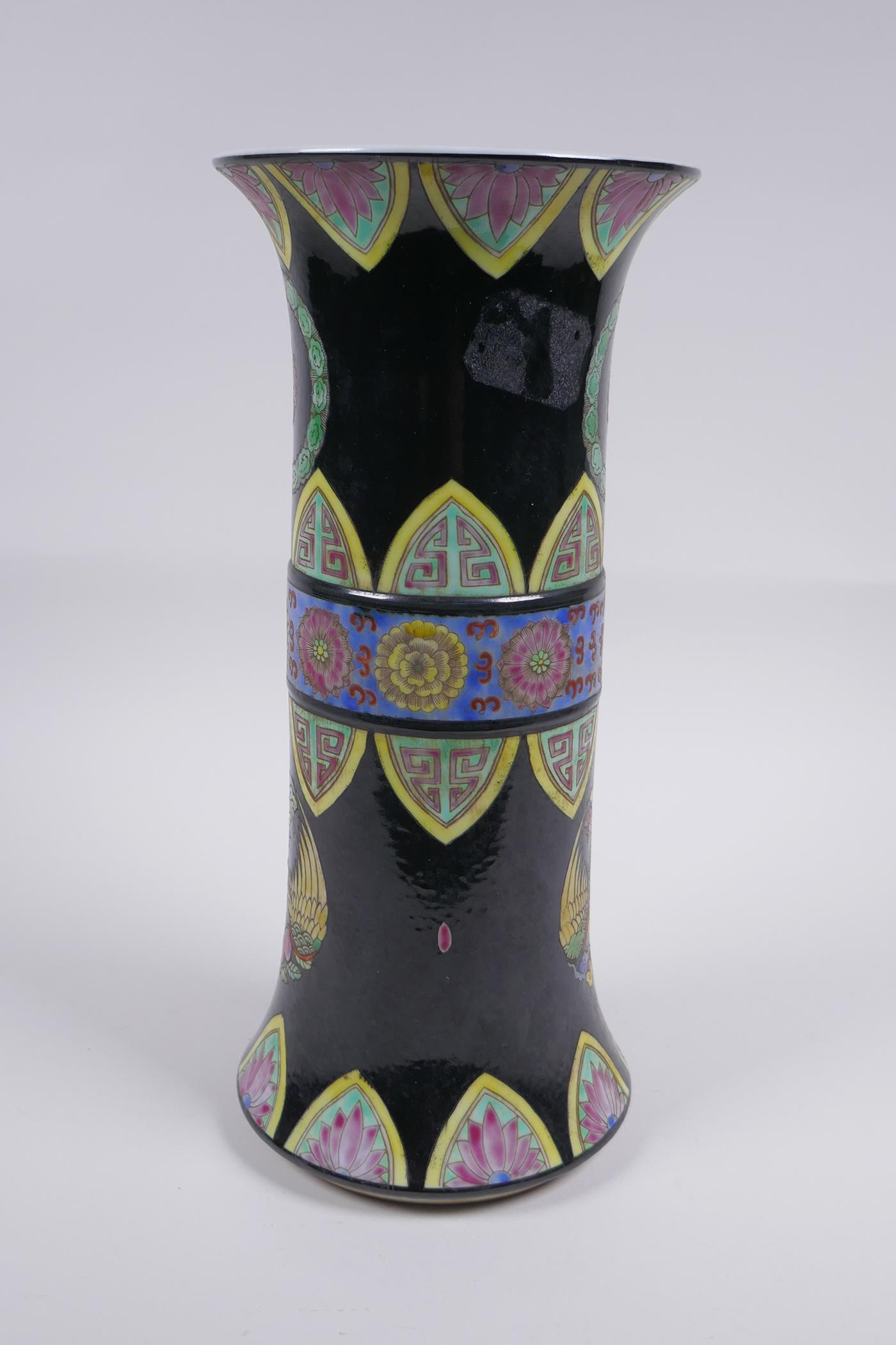 A famille noir porcelain gu shaped vase with phoenix and lotus flower decoration, Chinese - Image 4 of 6