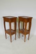 A pair of French parquetry lamp tables, with pull up screens and frieze drawer, the undertier with