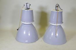 A pair of large industrial enamelled metal pendant lights, 84cm drop, 53cm diameter