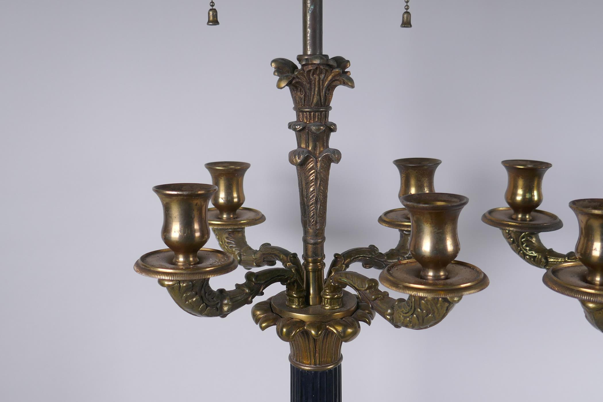 A pair of Empire style bronze and ormolu Corinthian four branch table lamps, 98cm high - Image 3 of 4