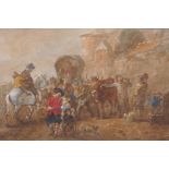 An antique Dutch School watercolour, figures and horses gathered by the walls of a town, 9 x 17cm