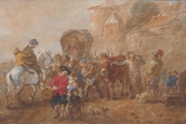 An antique Dutch School watercolour, figures and horses gathered by the walls of a town, 9 x 17cm