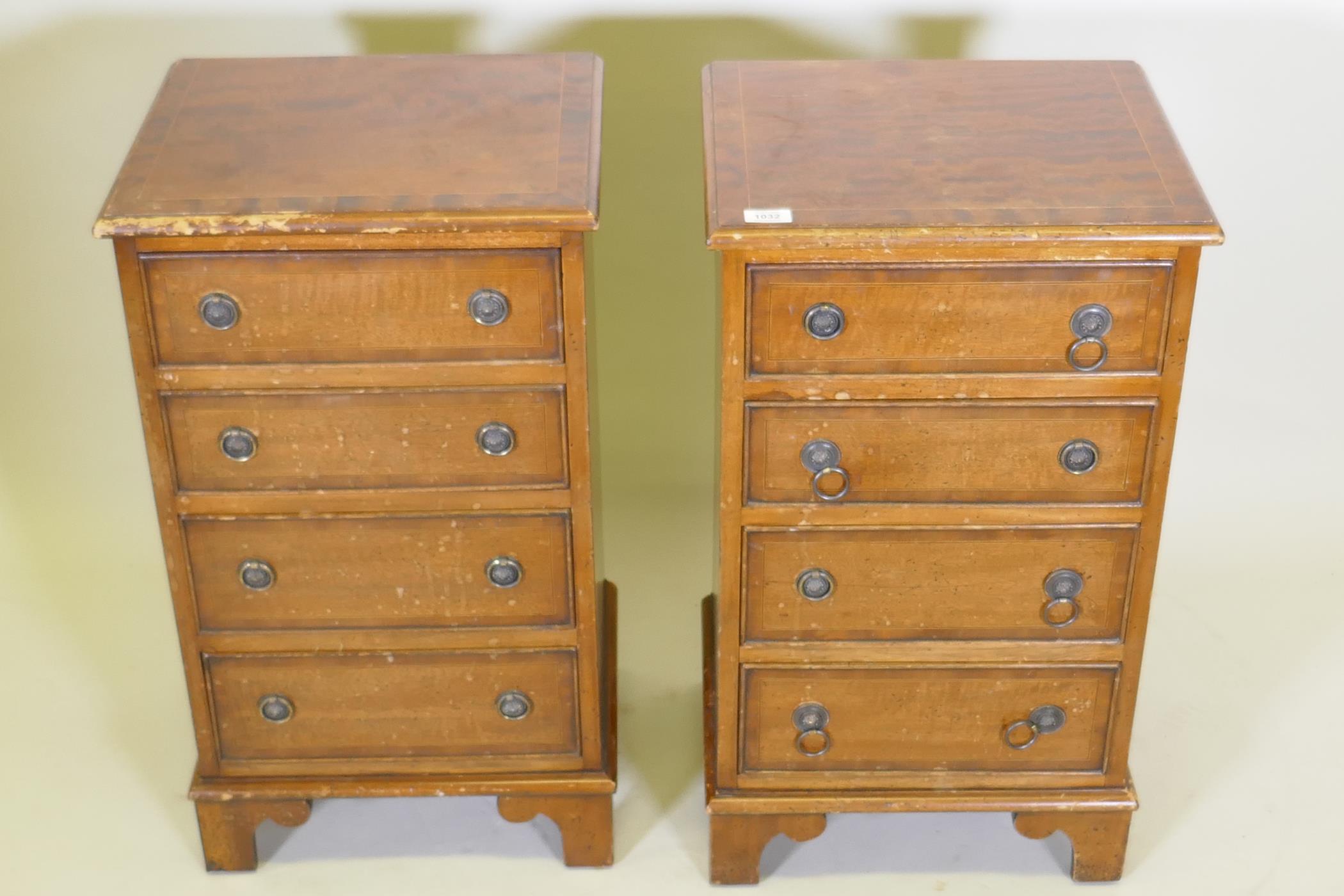 A pair of mahogany side chests of four graduated drawers with banded inlay, raised on bracket - Image 2 of 3