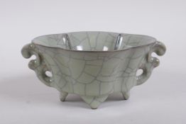 A Chinese celadon Ge ware two handled bowl, 18 x 12cm, 8cm high