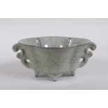 A Chinese celadon Ge ware two handled bowl, 18 x 12cm, 8cm high