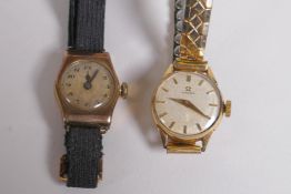 A lady's 9ct gold cased Omega cocktail watch on a gold plated strap, case No 124948, movement No