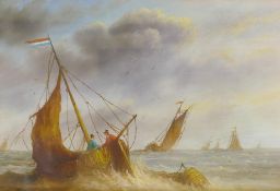 Dutch fishing boats off the coast, a pair, signed R.E.C., C20th, oil on panel