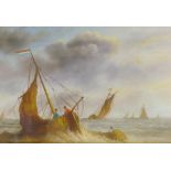 Dutch fishing boats off the coast, a pair, signed R.E.C., C20th, oil on panel