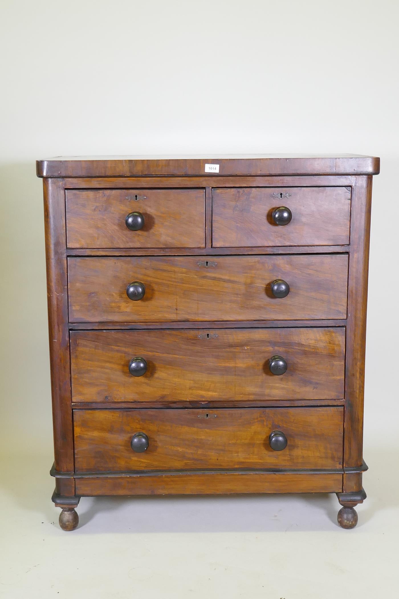 A Victorian mahogany chest of two over three drawers, raised on ball feet, 98 x 46cm, 114cm high