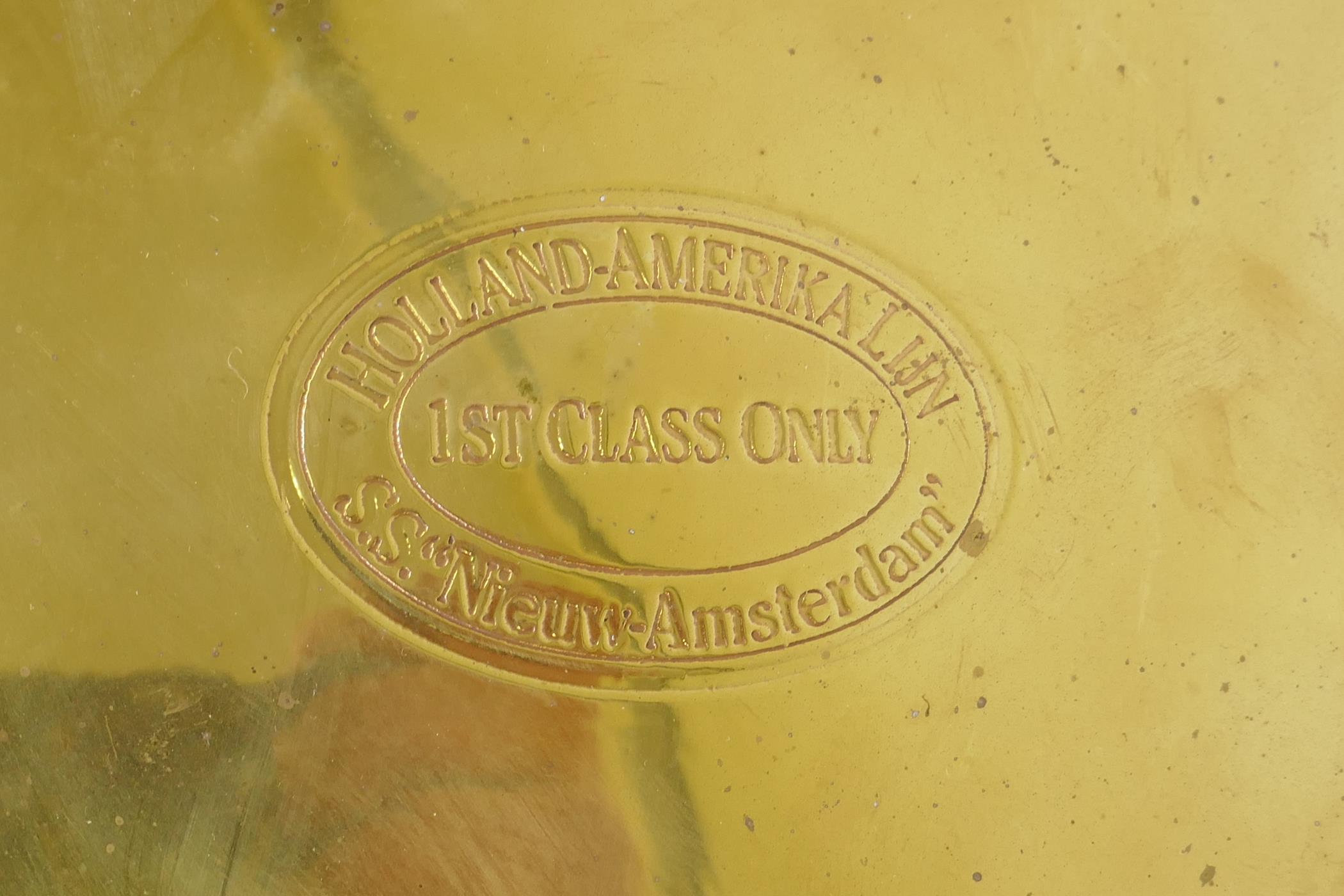 A brass tray engraved SS Nieuw-Amsterdam Holland-Amerika Lijn, 1st Class Only, 34cm diameter - Image 2 of 2