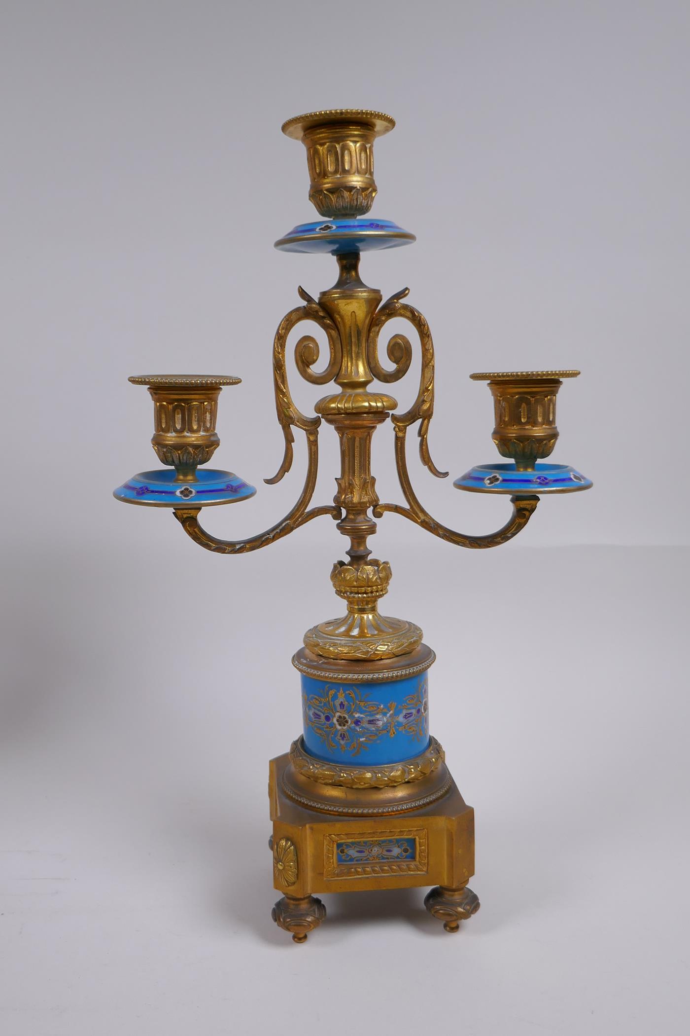 A late C19th/early C20th French ormolu and Sevres style porcelain clock garniture, the hand - Image 11 of 13