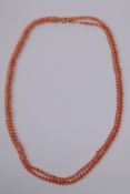 An antique coral and seed pearl beaded necklace with a yellow metal clasp, 148cm long