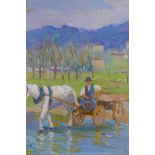 Figure with horse drawn cart crossing a stream, early C20th, indistinctly signed verso, oil on