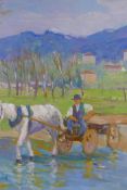 Figure with horse drawn cart crossing a stream, early C20th, indistinctly signed verso, oil on