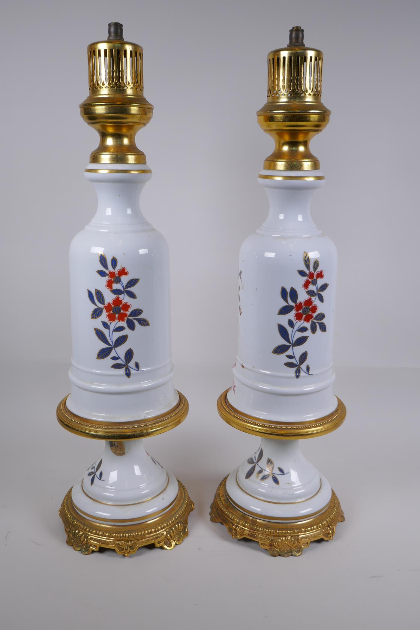 A pair of ormolu and porcelain lamp bases with Imari style decoration, 59cm high - Image 4 of 4