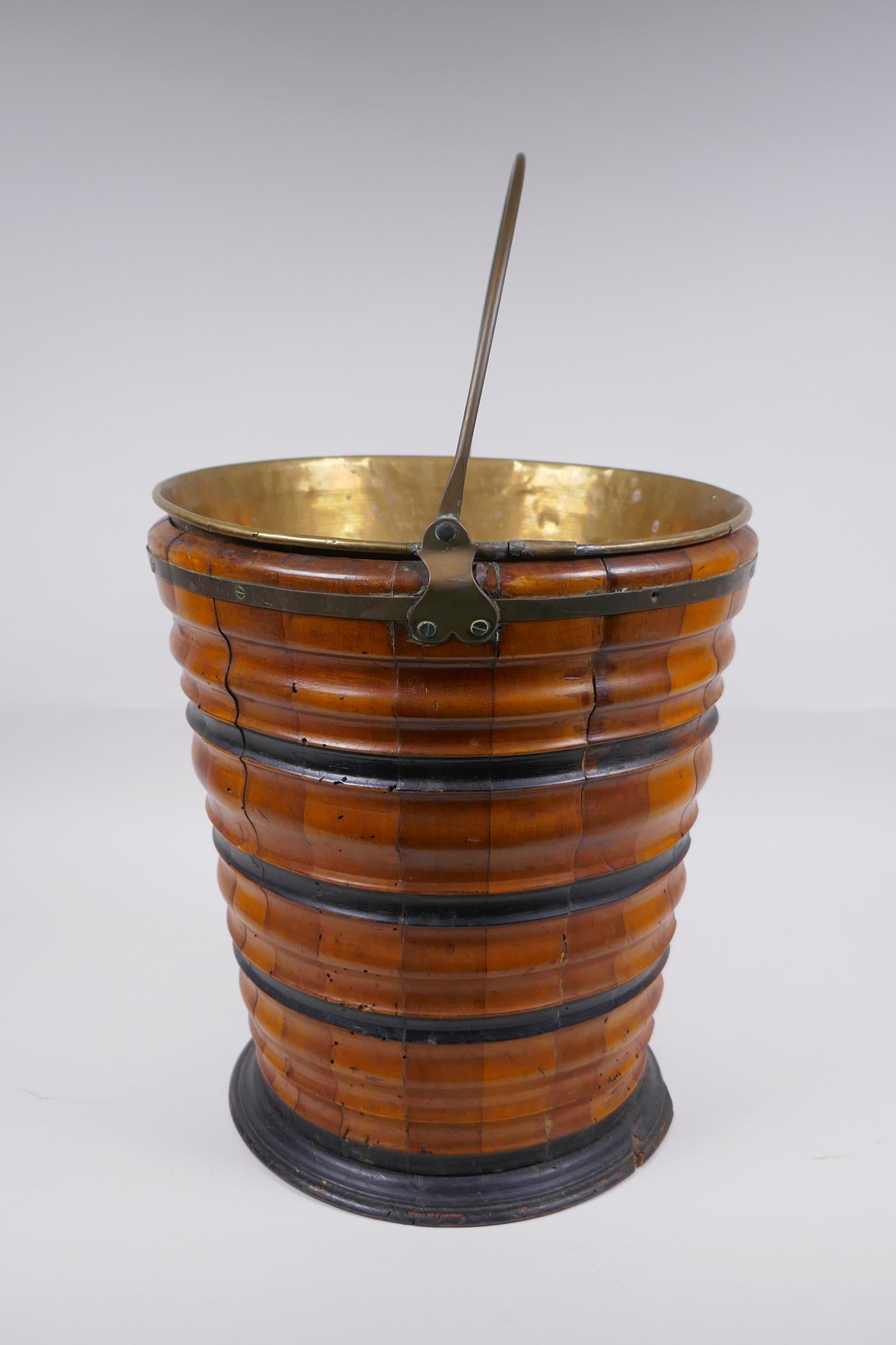 A Dutch coopered fruitwood and brass lined peat bucket with ebonised bands, 32cm high x 29cm - Image 2 of 5