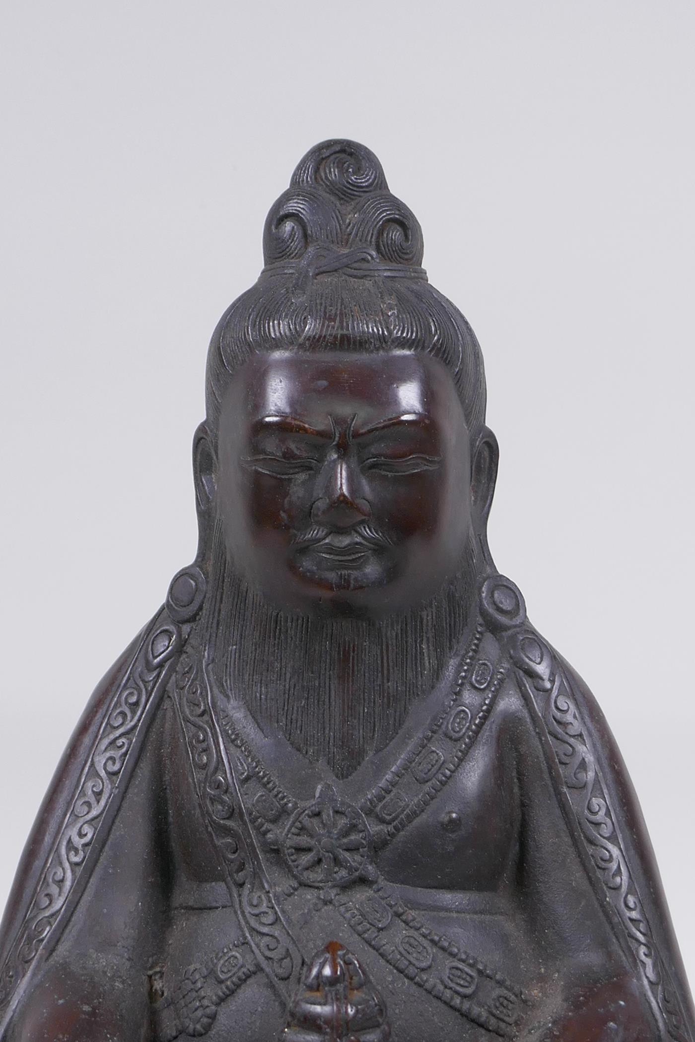 A Sino Tibetan bronze figure of a bearded deity seated in meditation, 29cm high - Image 2 of 6