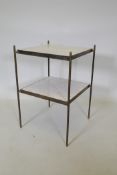 A solid brass two tier occasional table with formica tops, 42 x 42cm, 63cm high