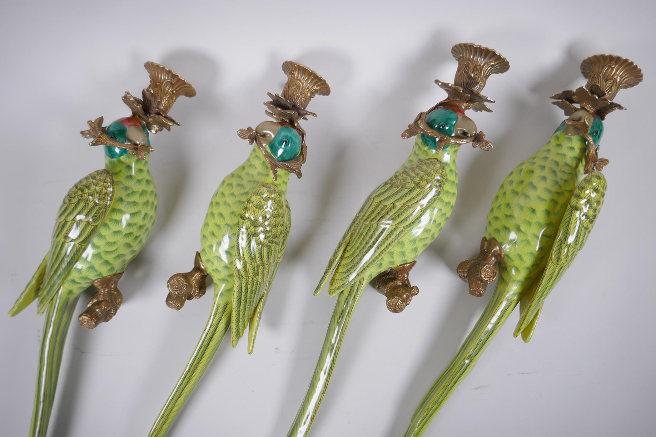 Two pairs of polychrome porcelain and gilt metal parrot sconces, 47cm long - Image 2 of 4