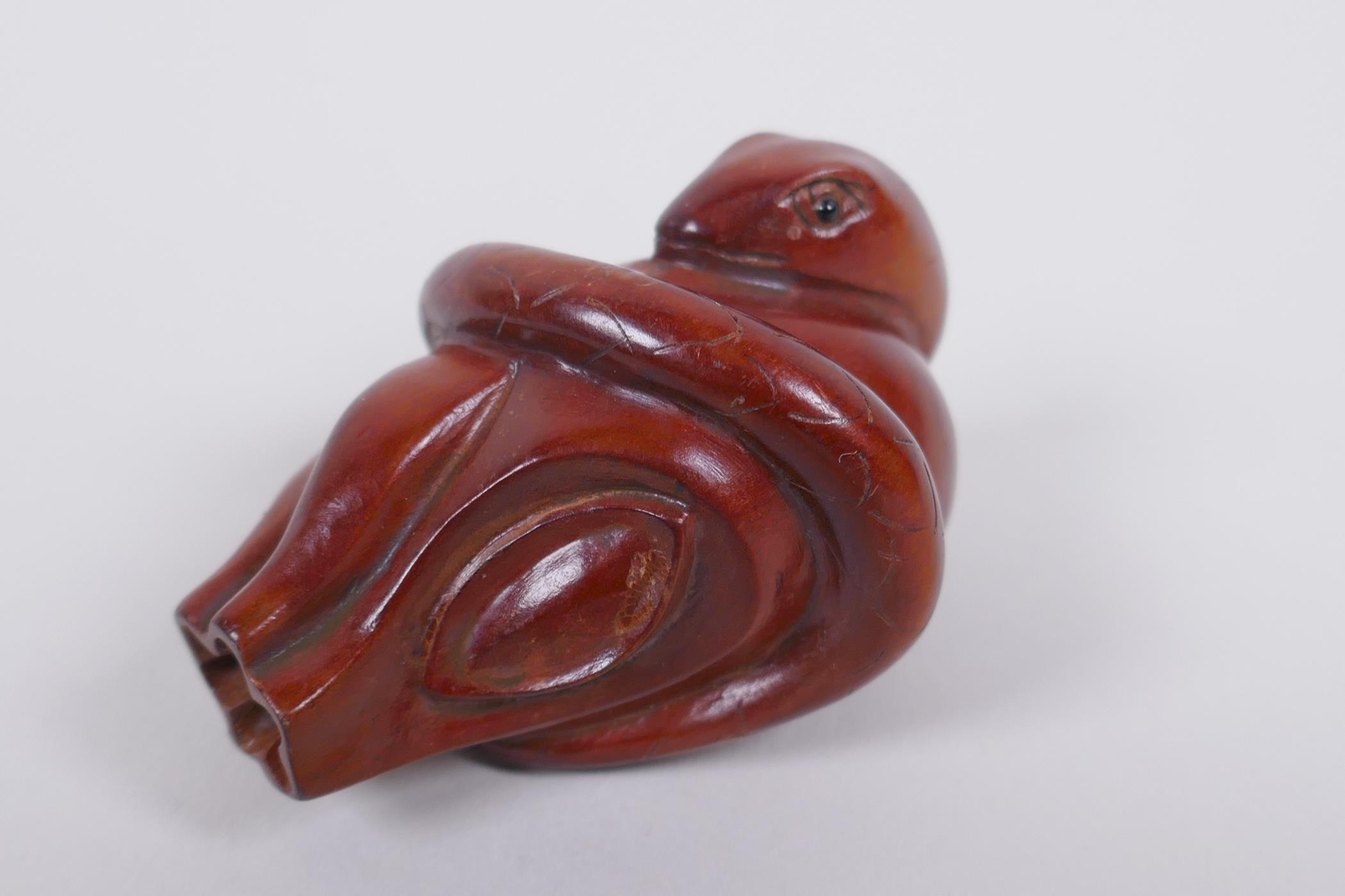 Two Japanese carved boxwood netsuke in the form of a snake and a bat, signed, 5cm long - Image 4 of 5