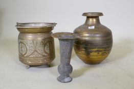 A brass jar, brass bucket and Indian copper vase with repousse decoration, vase 26cm high