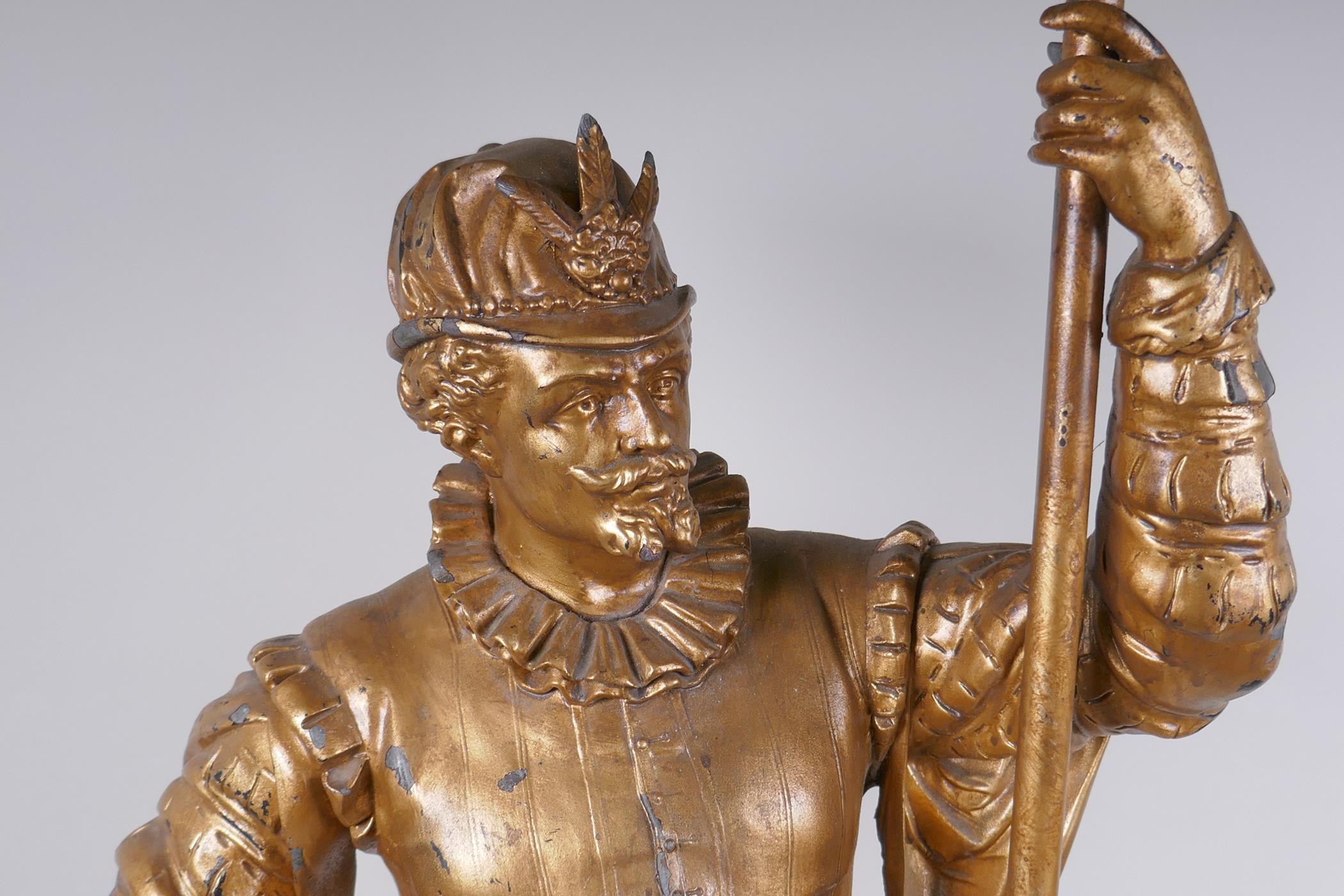 A gilt spelter figural lamp in the form of a Renaissance gentleman, 86cm high - Image 4 of 5