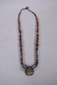 An oriental enamelled white metal, agate, coral, turquoise and multicolour glass bead necklace, 62cm