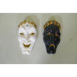 A pair of mid century porcelain wall masks, tragedy and comedy, impressed verso, Jamar Mallory and